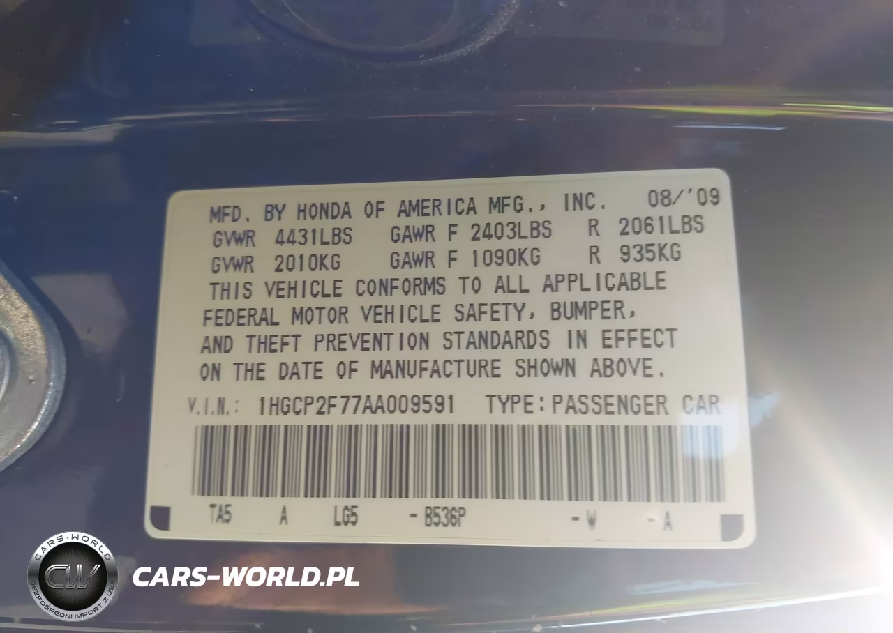2010 Honda Accord 2.4 Ex VIN:1HGCP2F77AA009591 - 9