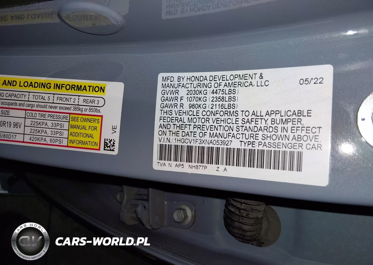 2022 Honda Accord Sport VIN:1HGCV1F3XNA053927 - 9
