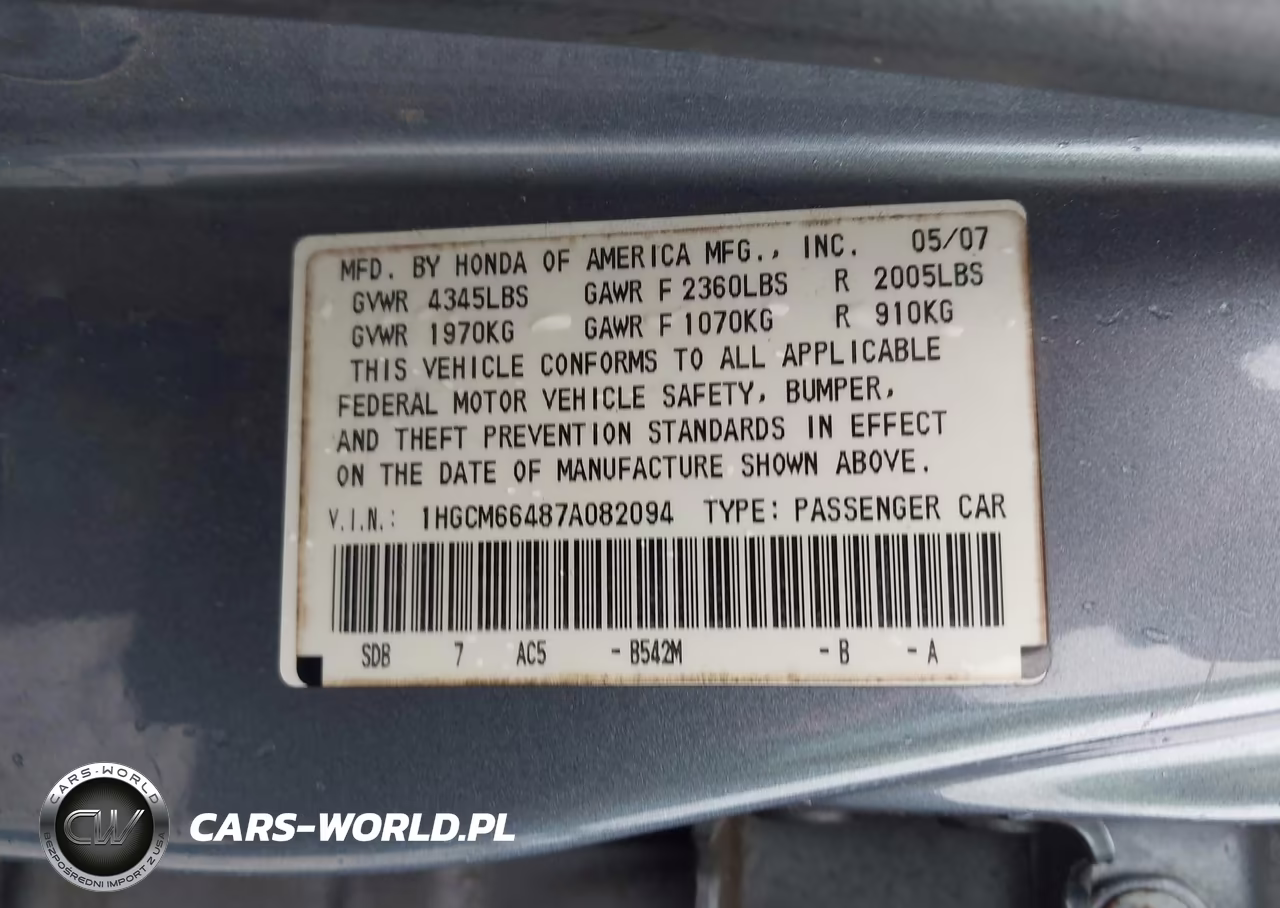 2007 Honda Accord 3.0 Se VIN:1HGCM66487A082094 - 9