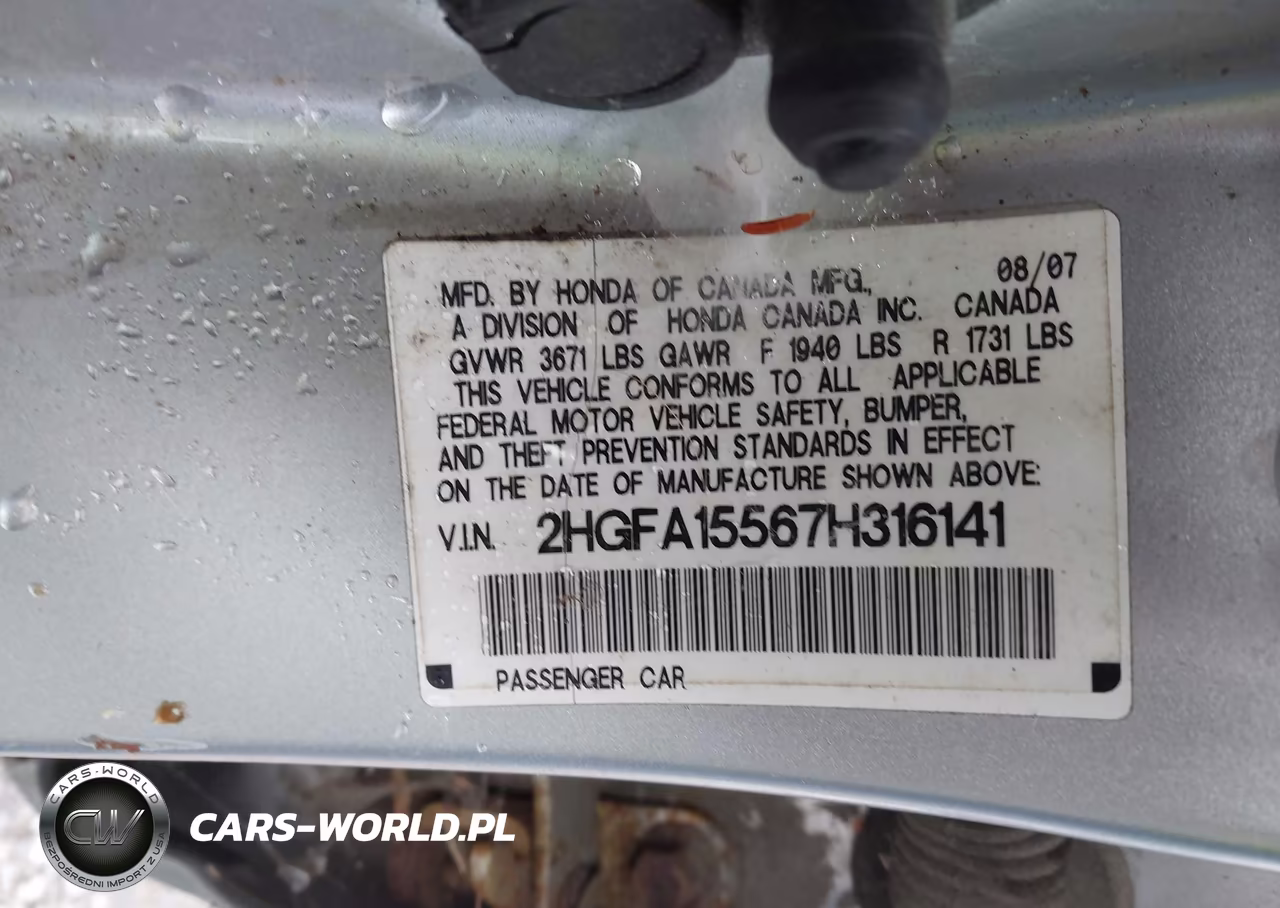 2007 Honda Civic Lx VIN:2HGFA15567H316141 - 9