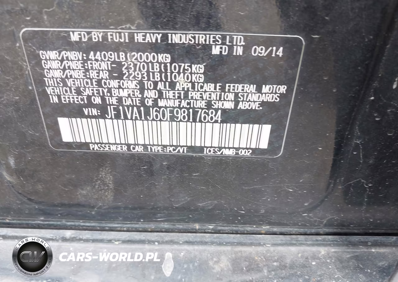 2015 Subaru Wrx Limited VIN:JF1VA1J60F9817684 - 9