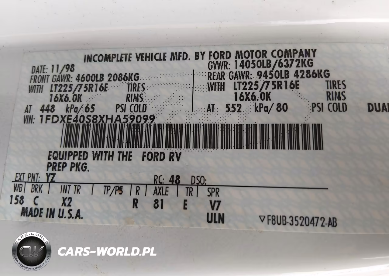 1999 Ford Econoline E450 Super Duty Cutwy Rv VIN:1FDXE40S8XHA59099 - 9
