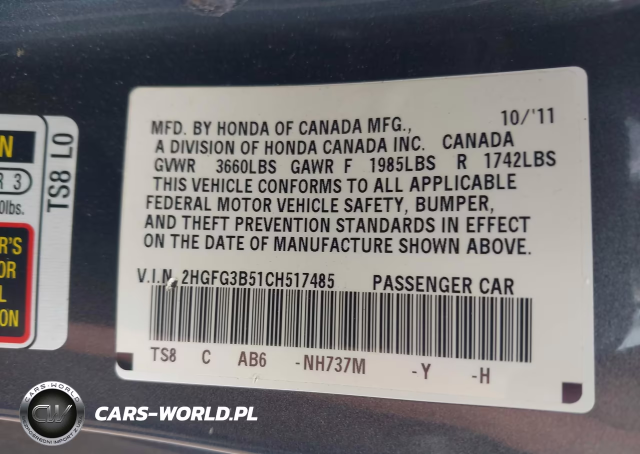 2012 Honda Civic Lx VIN:2HGFG3B51CH517485 - 9