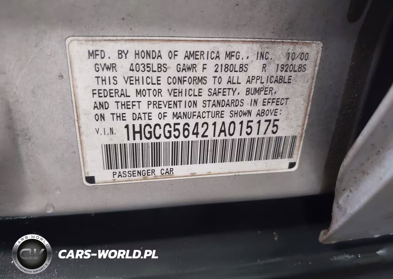 2001 Honda Accord 2.3 Lx VIN:1HGCG56421A015175 - 9