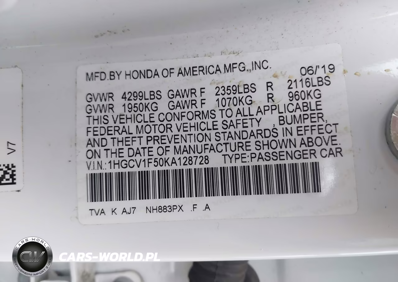 2019 Honda Accord Ex-L 1.5T VIN:1HGCV1F50KA128728 - 9