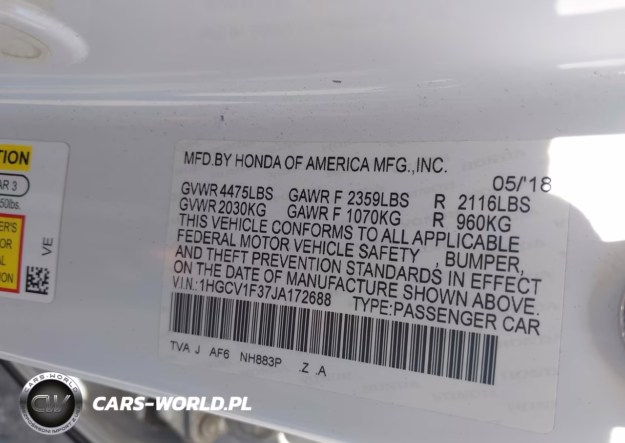 2018 Honda Accord Sport VIN:1HGCV1F37JA172688 - 9