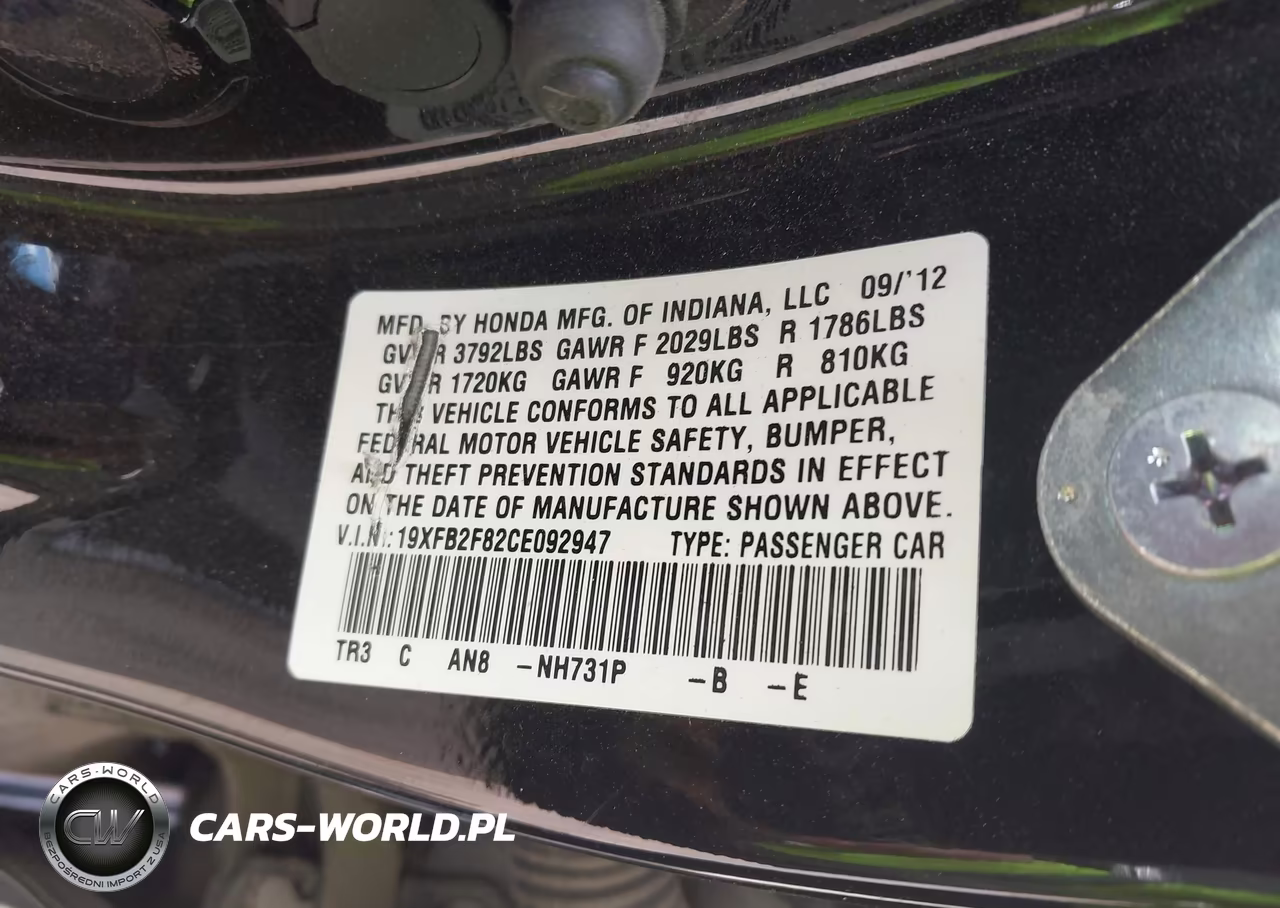 2012 Honda Civic Ex VIN:19XFB2F82CE092947 - 9