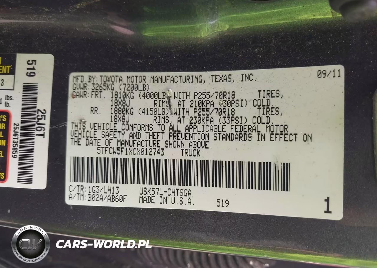 2012 Toyota Tundra Grade 5.7L V8 VIN:5TFCW5F1XCX012743 - 9