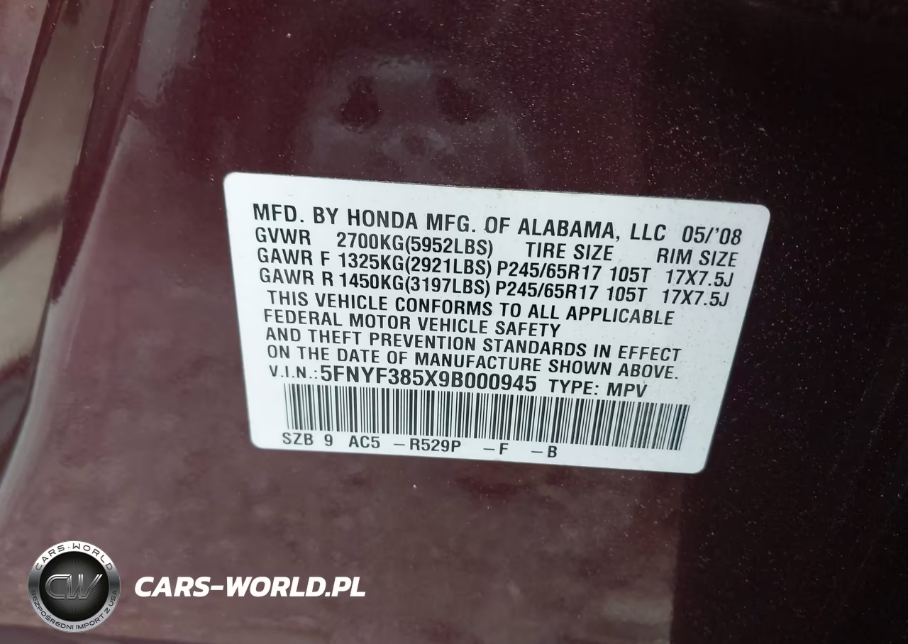 2009 Honda Pilot Ex-L VIN:5FNYF385X9B000945 - 9