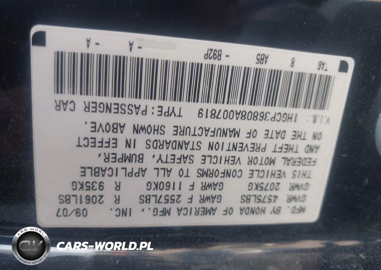 2008 Honda Accord 3.5 Ex-L VIN:1HGCP36808A007819 - 9