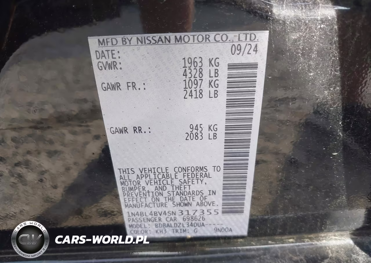 2025 Nissan Altima S Fwd VIN:1N4BL4BV4SN317355 - 9