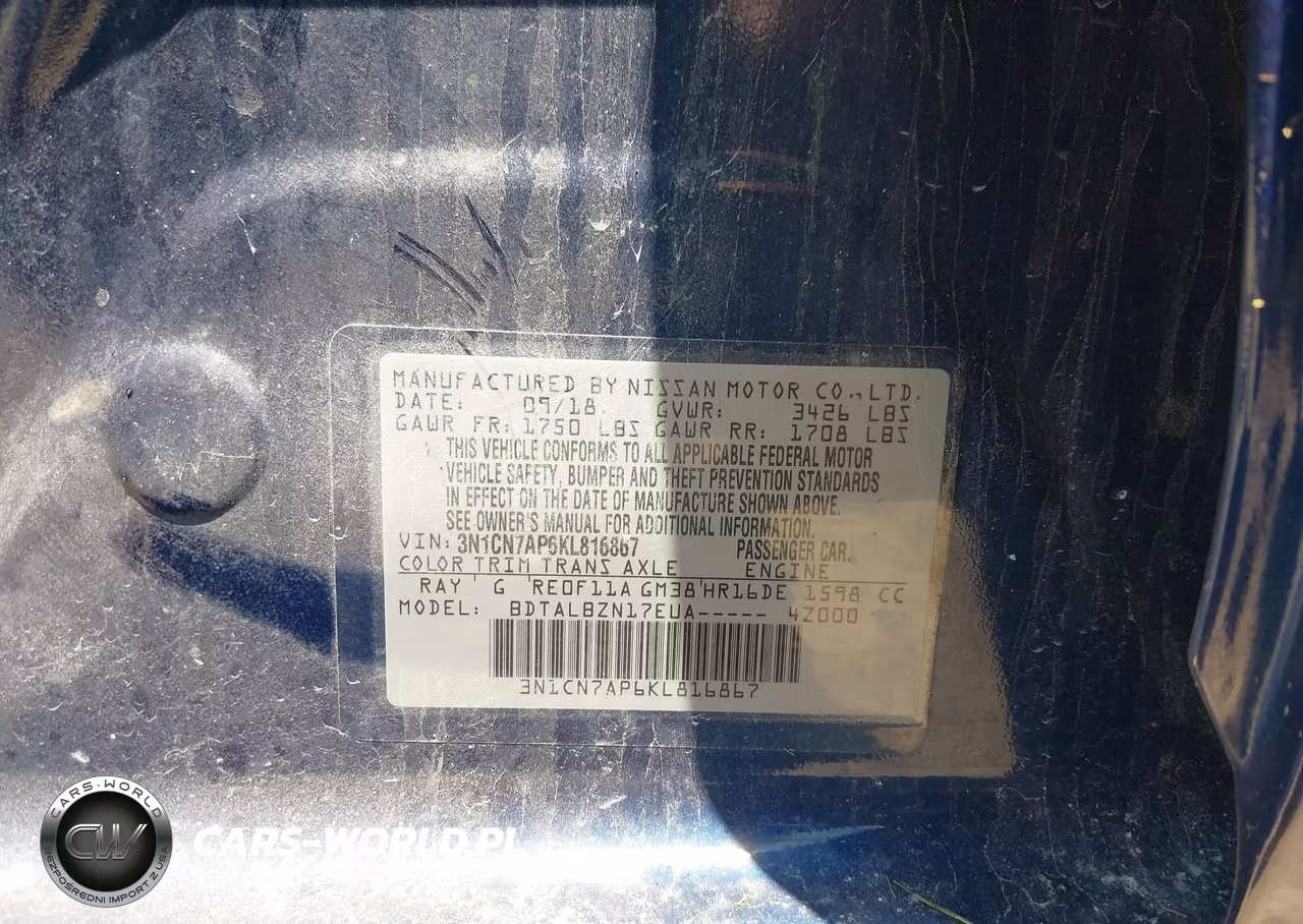 2019 Nissan Versa 1.6 Sv VIN:3N1CN7AP6KL816867 - 9