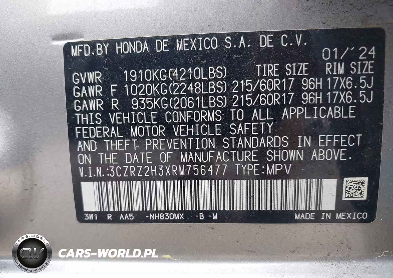 2024 Honda Hr-V Awd Lx VIN:3CZRZ2H3XRM756477 - 9