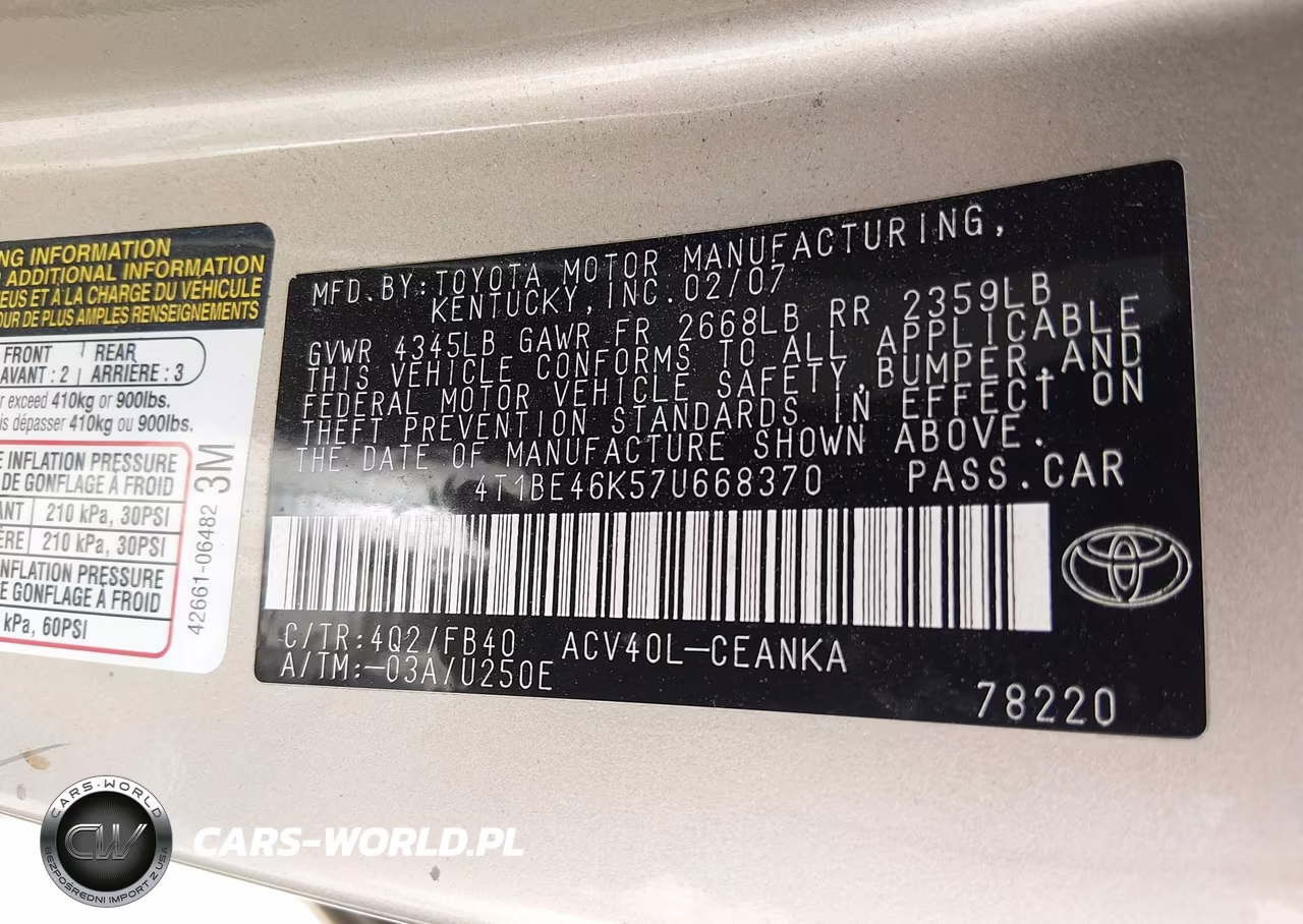 2007 Toyota Camry Le VIN:4T1BE46K57U668370 - 9