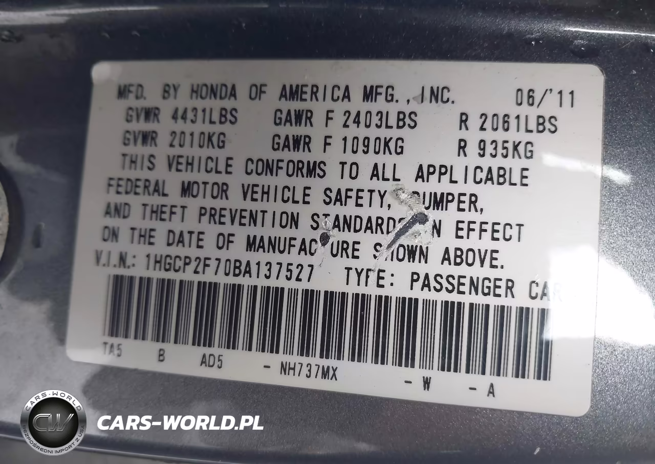 2011 Honda Accord 2.4 Ex VIN:1HGCP2F70BA137527 - 9