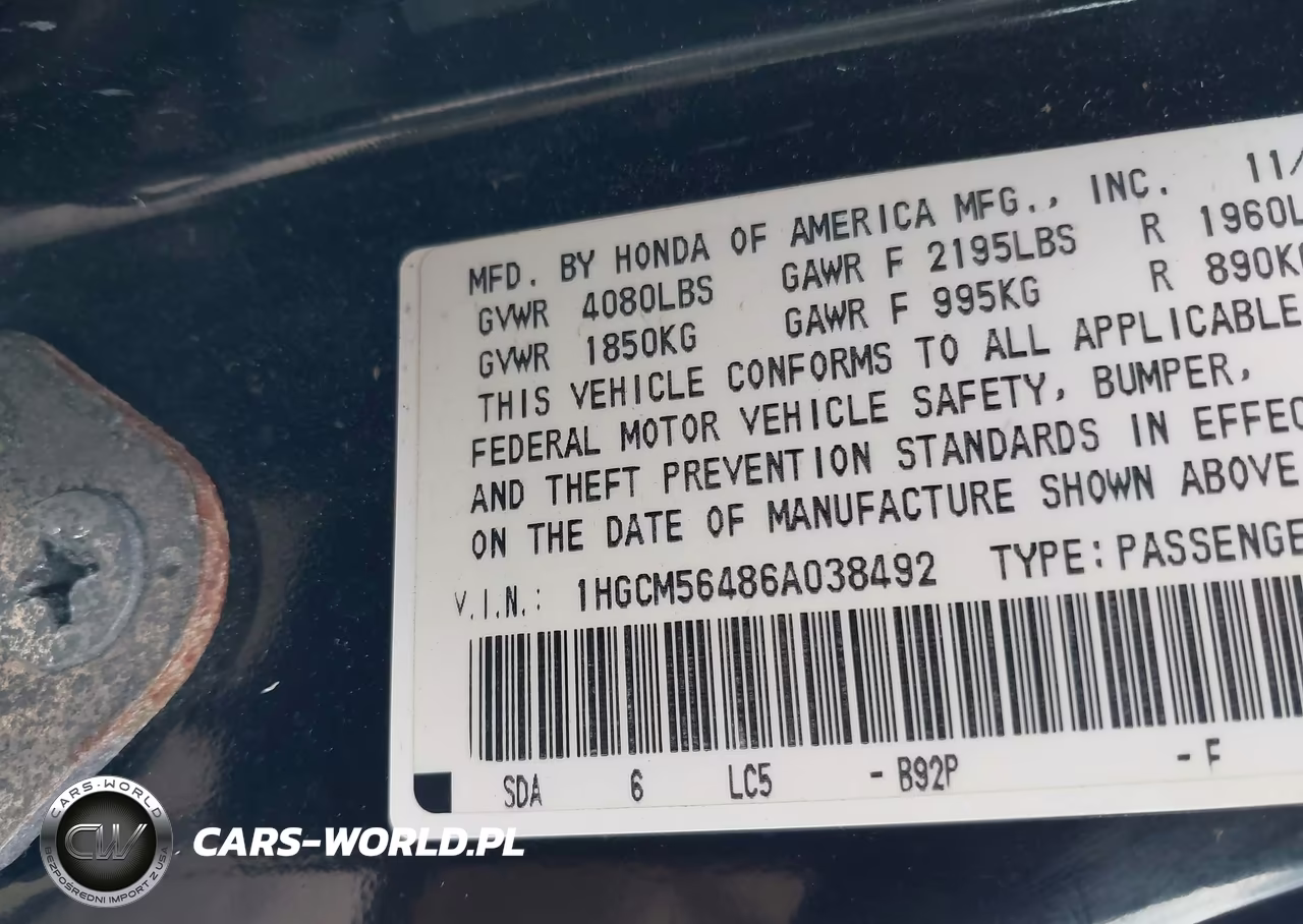 2006 Honda Accord 2.4 Lx VIN:1HGCM56486A038492 - 9