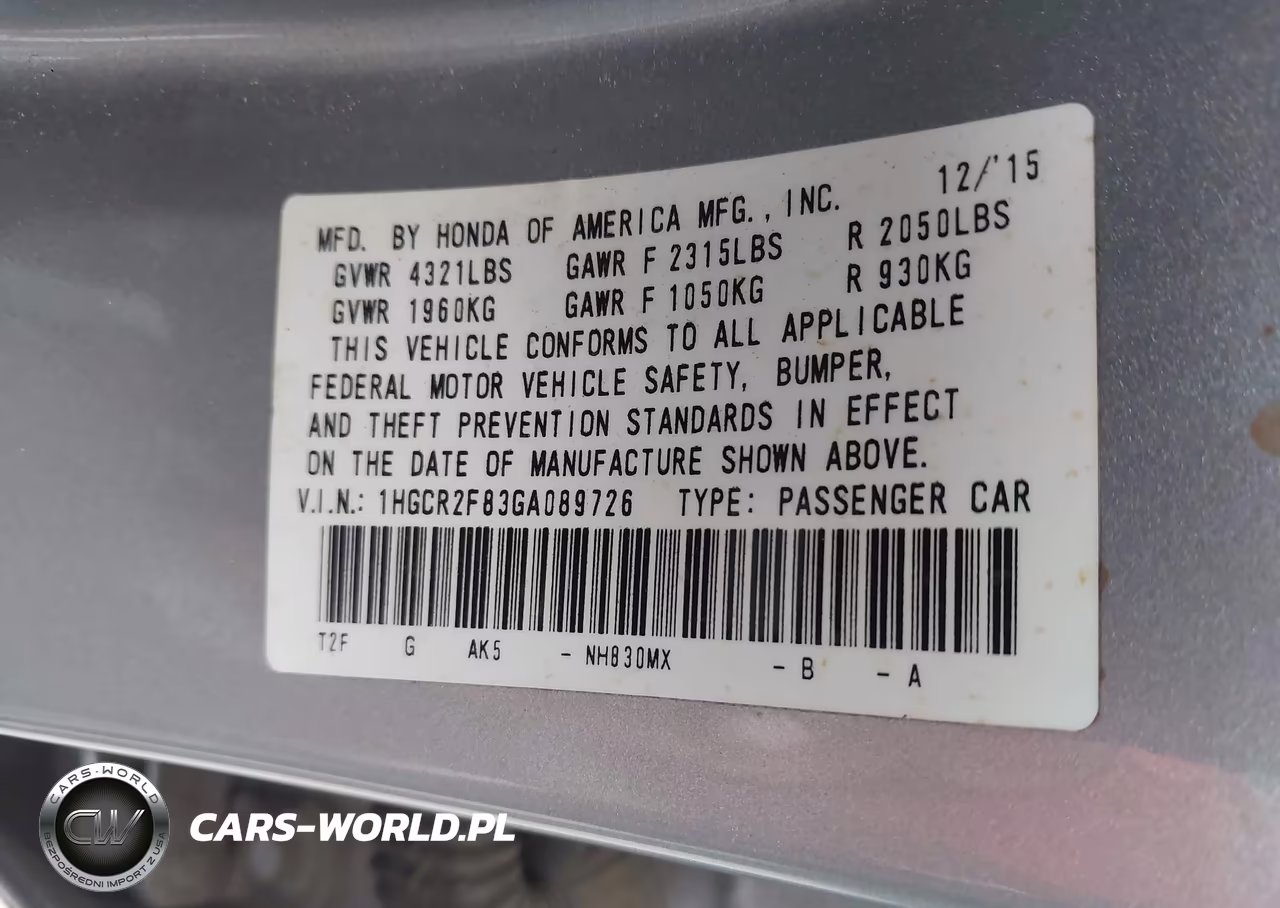 2016 Honda Accord Ex-L VIN:1HGCR2F83GA089726 - 9