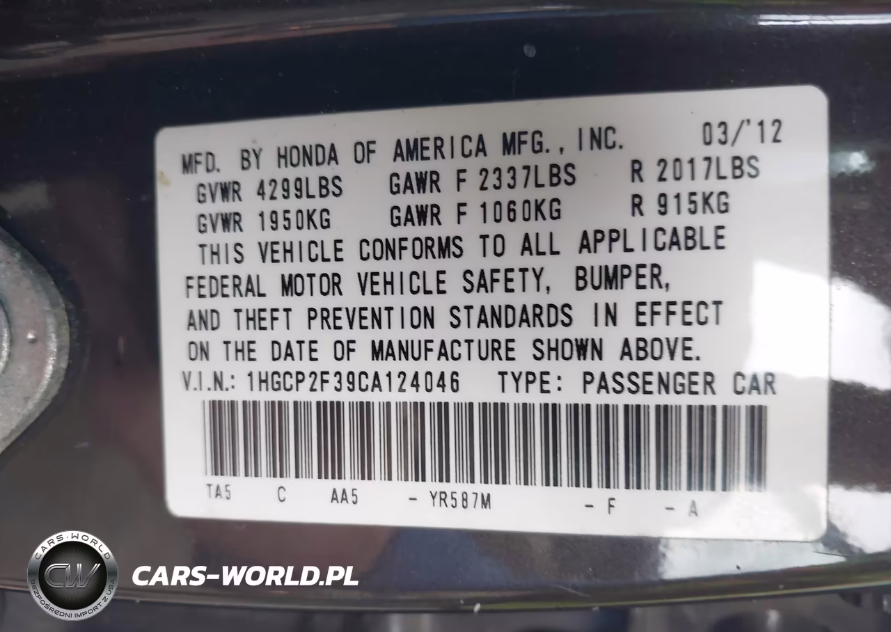 2012 Honda Accord 2.4 Lx VIN:1HGCP2F39CA124046 - 9