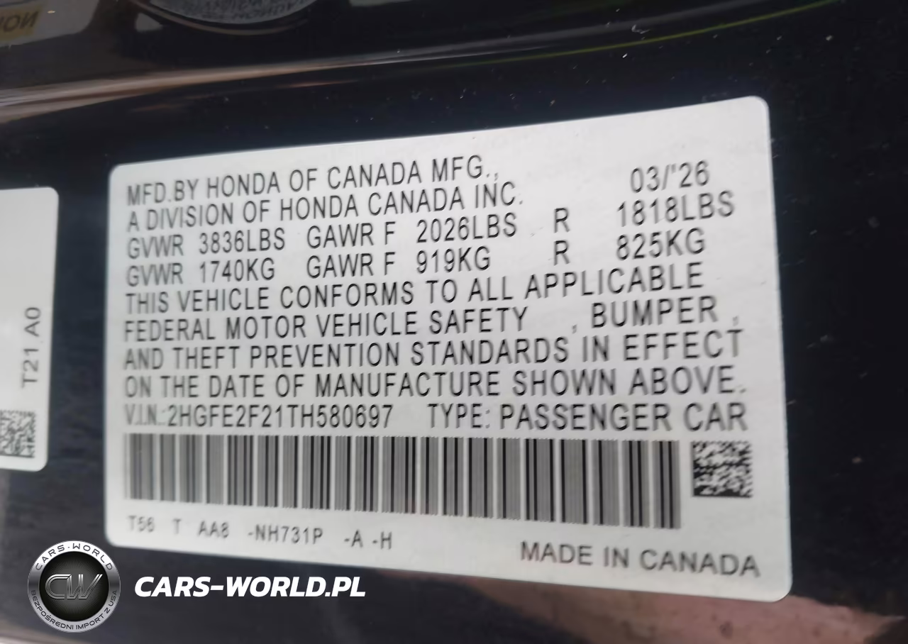 2026 Honda Civic Lx VIN:2HGFE2F21TH580697 - 9