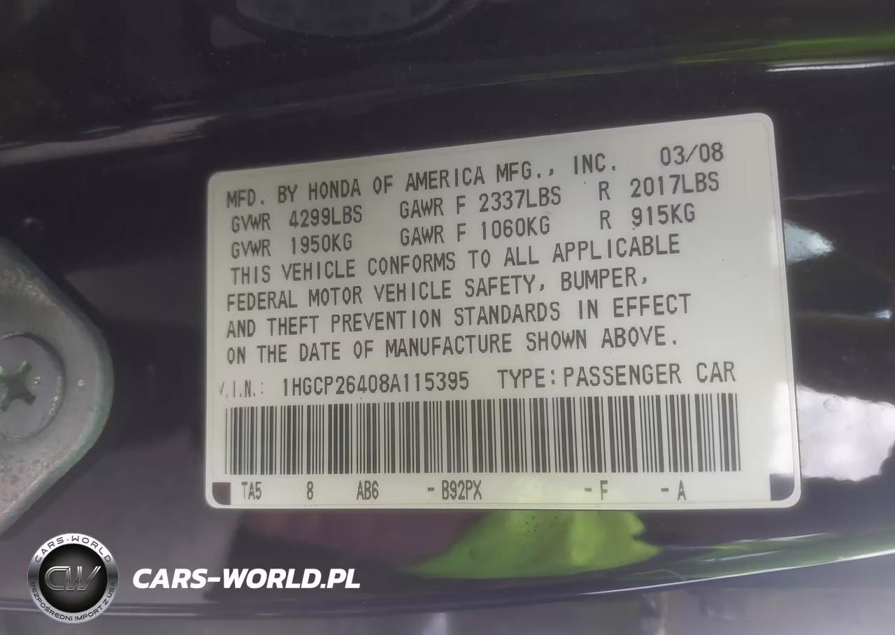 2008 Honda Accord 2.4 Lx-P VIN:1HGCP26408A115395 - 9
