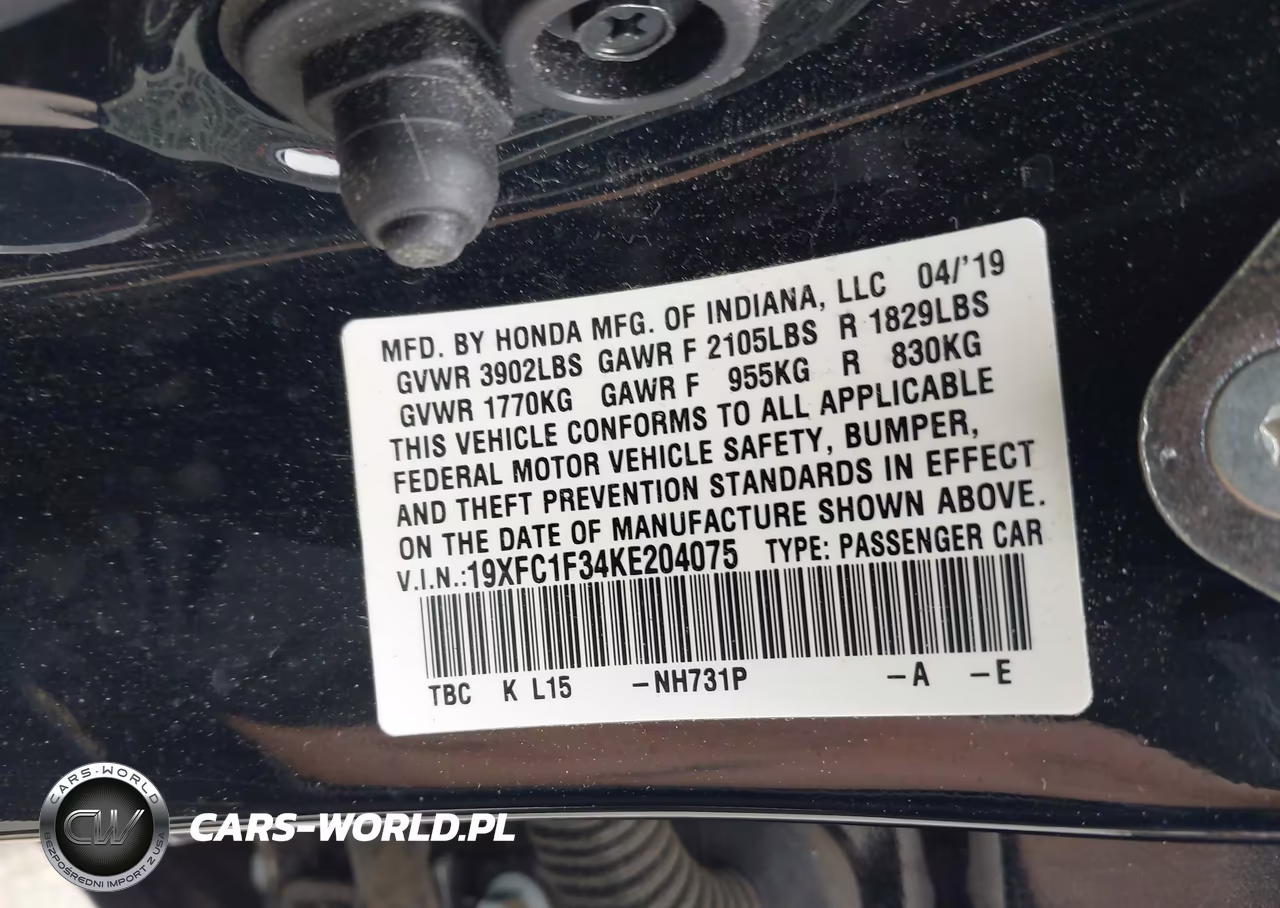 2019 Honda Civic Ex VIN:19XFC1F34KE204075 - 9
