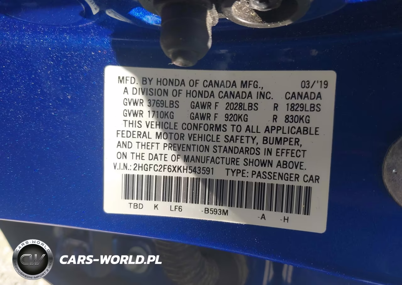 2019 Honda Civic Lx VIN:2HGFC2F6XKH543591 - 9