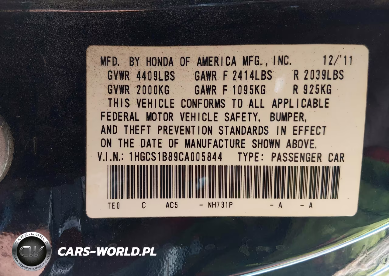 2012 Honda Accord 2.4 Ex-L VIN:1HGCS1B89CA005844 - 9