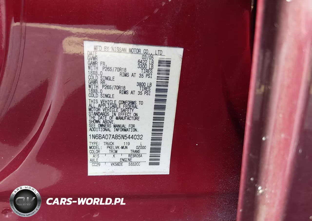 2005 Nissan Titan Le VIN:1N6BA07A85N544032 - 9