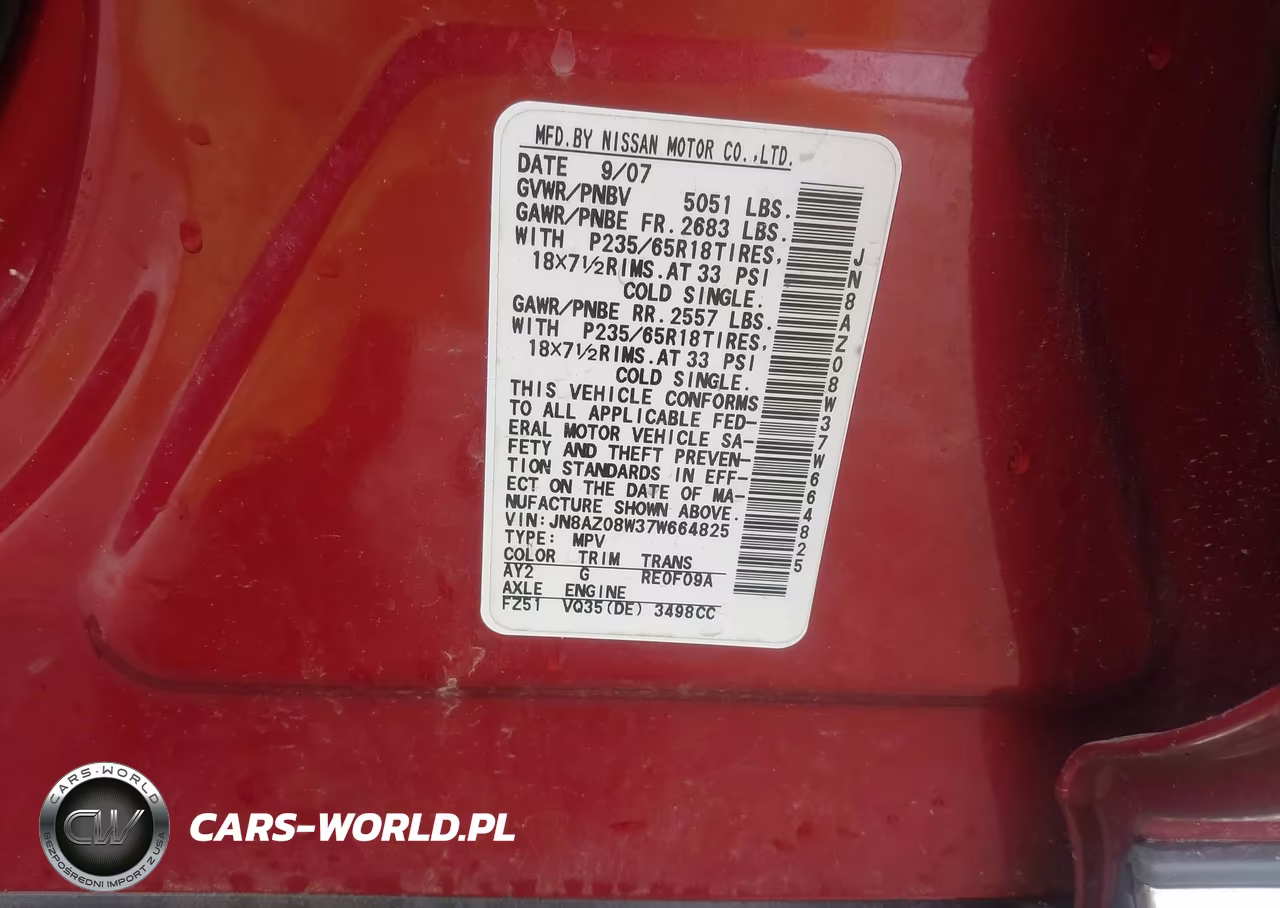 2007 Nissan Murano Sl VIN:JN8AZ08W37W664825 - 9