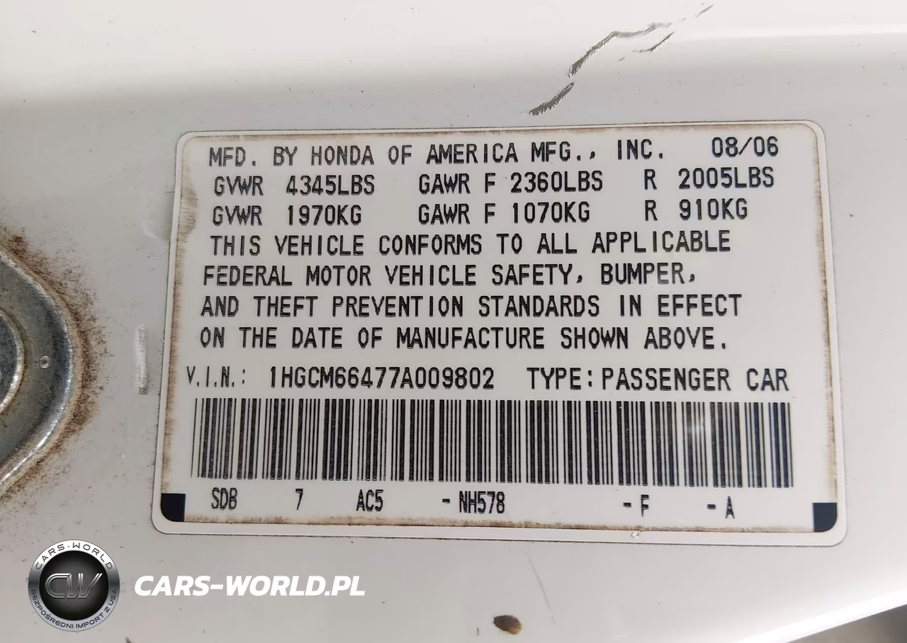 2007 Honda Accord 3.0 Se VIN:1HGCM66477A009802 - 9