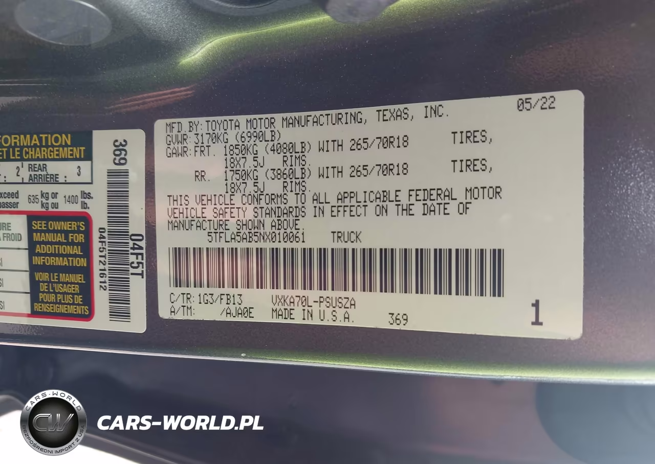2022 Toyota Tundra Sr5 VIN:5TFLA5AB5NX010061 - 9