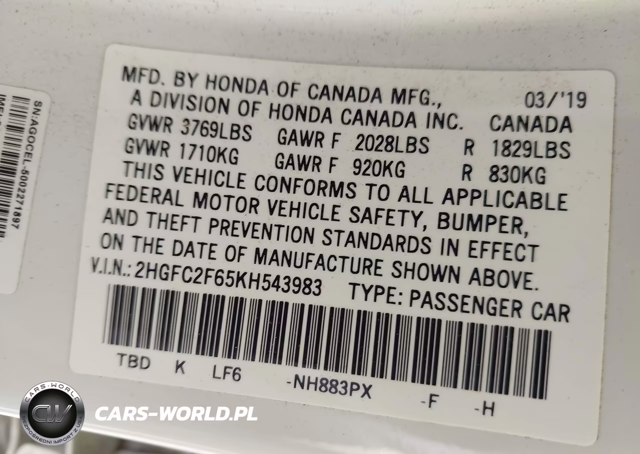 2019 Honda Civic Lx VIN:2HGFC2F65KH543983 - 9