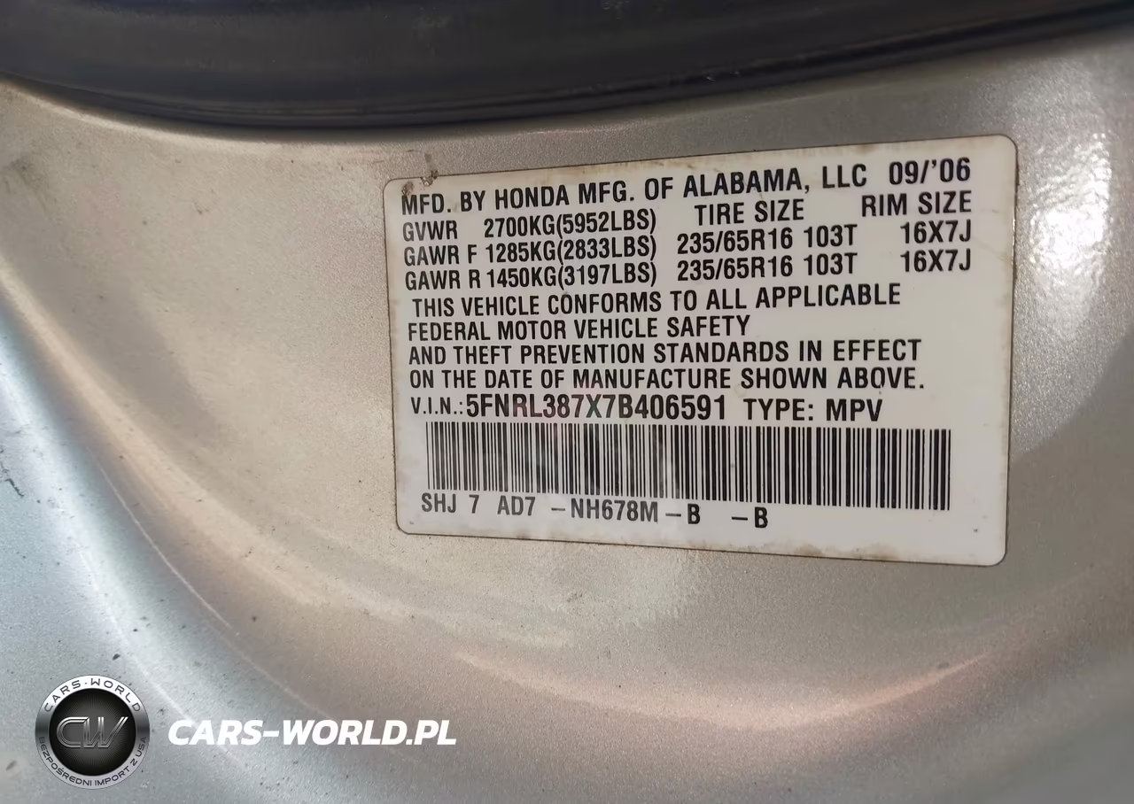 2007 Honda Odyssey Ex-L VIN:5FNRL387X7B406591 - 9