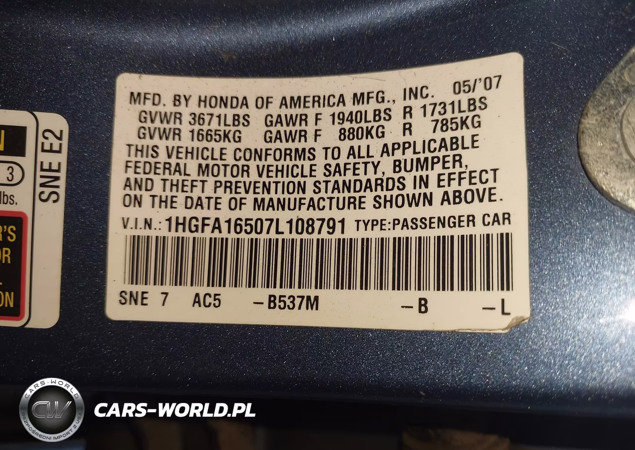 2007 Honda Civic Lx VIN:1HGFA16507L108791 - 9