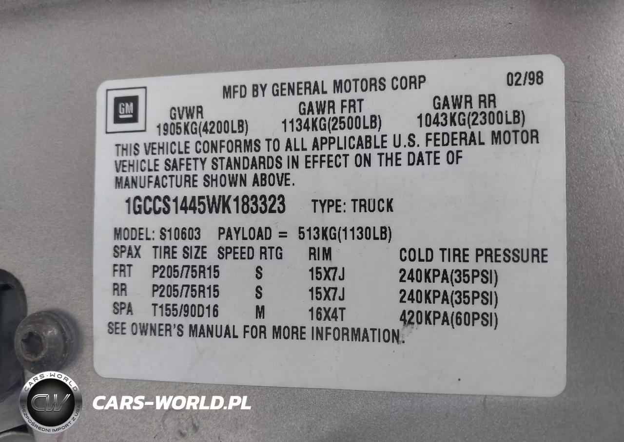 1998 Chevrolet S-10 Fleetside VIN:1GCCS1445WK183323 - 9
