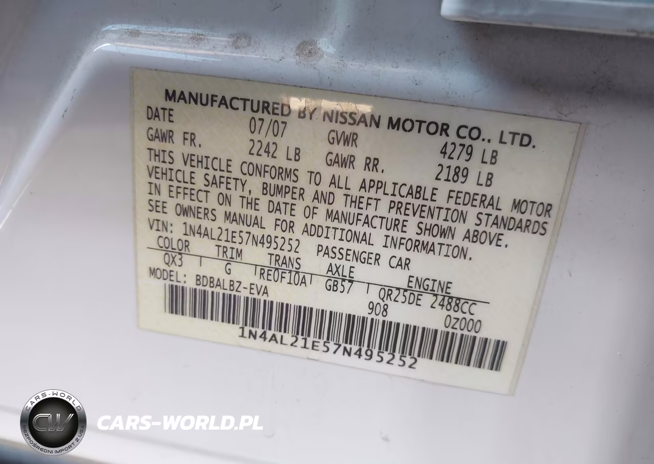 2007 Nissan Altima 2.5 S VIN:1N4AL21E57N495252 - 9
