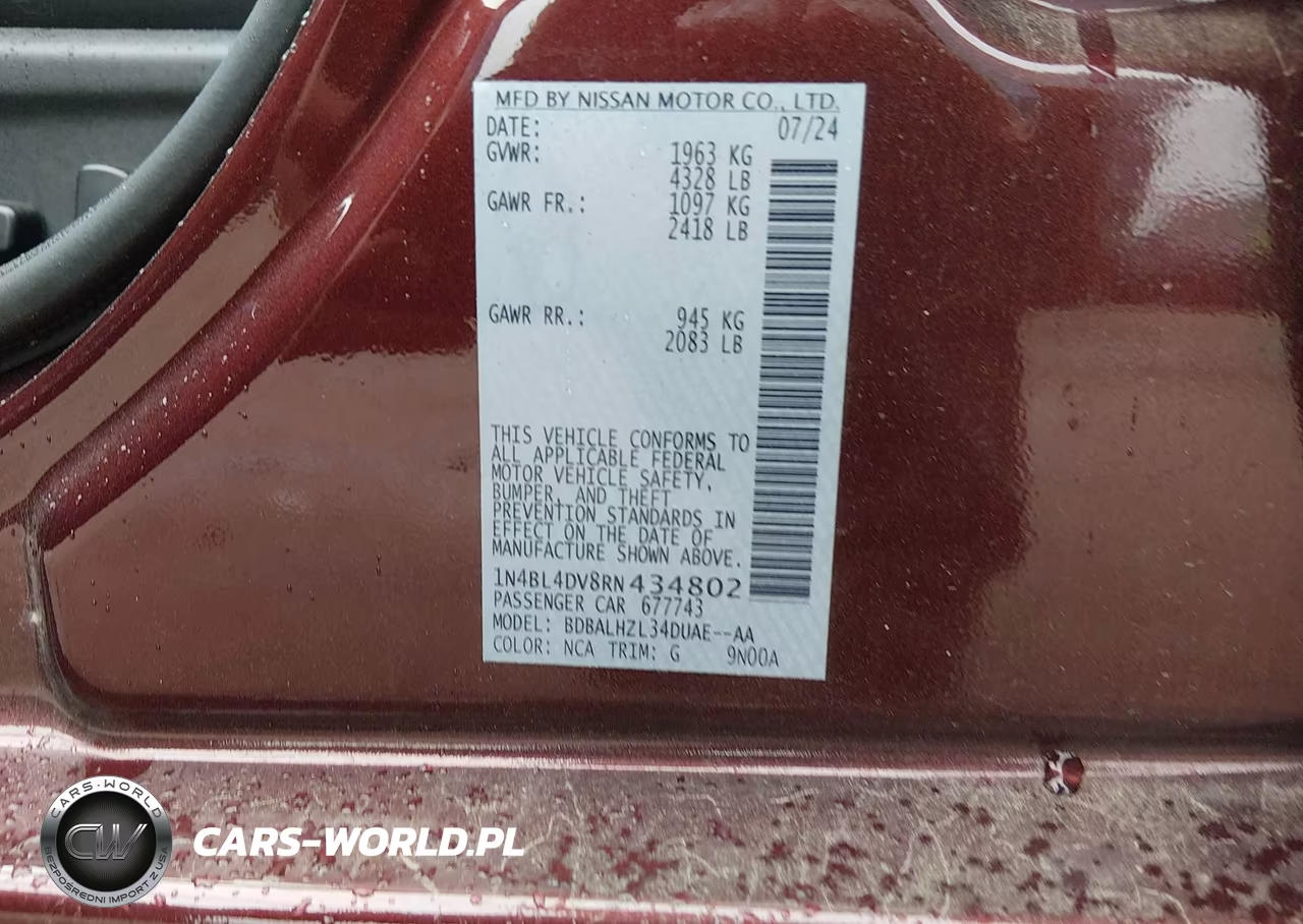 2024 Nissan Altima Sv Fwd VIN:1N4BL4DV8RN434802 - 9