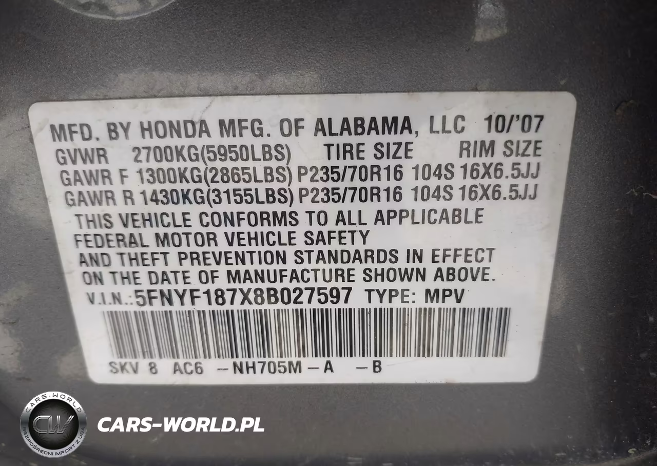 2008 Honda Pilot Ex-L VIN:5FNYF187X8B027597 - 9