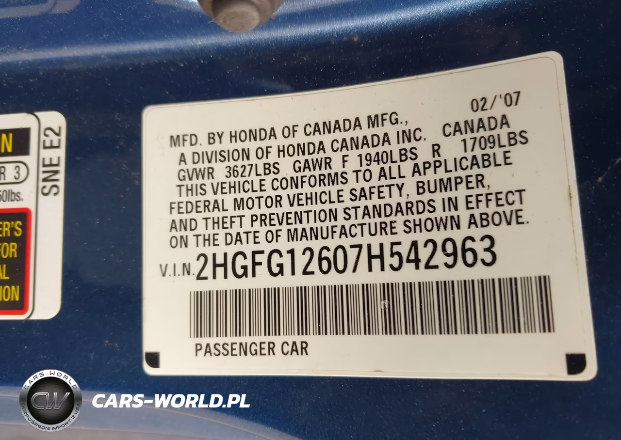 2007 Honda Civic Lx VIN:2HGFG12607H542963 - 9