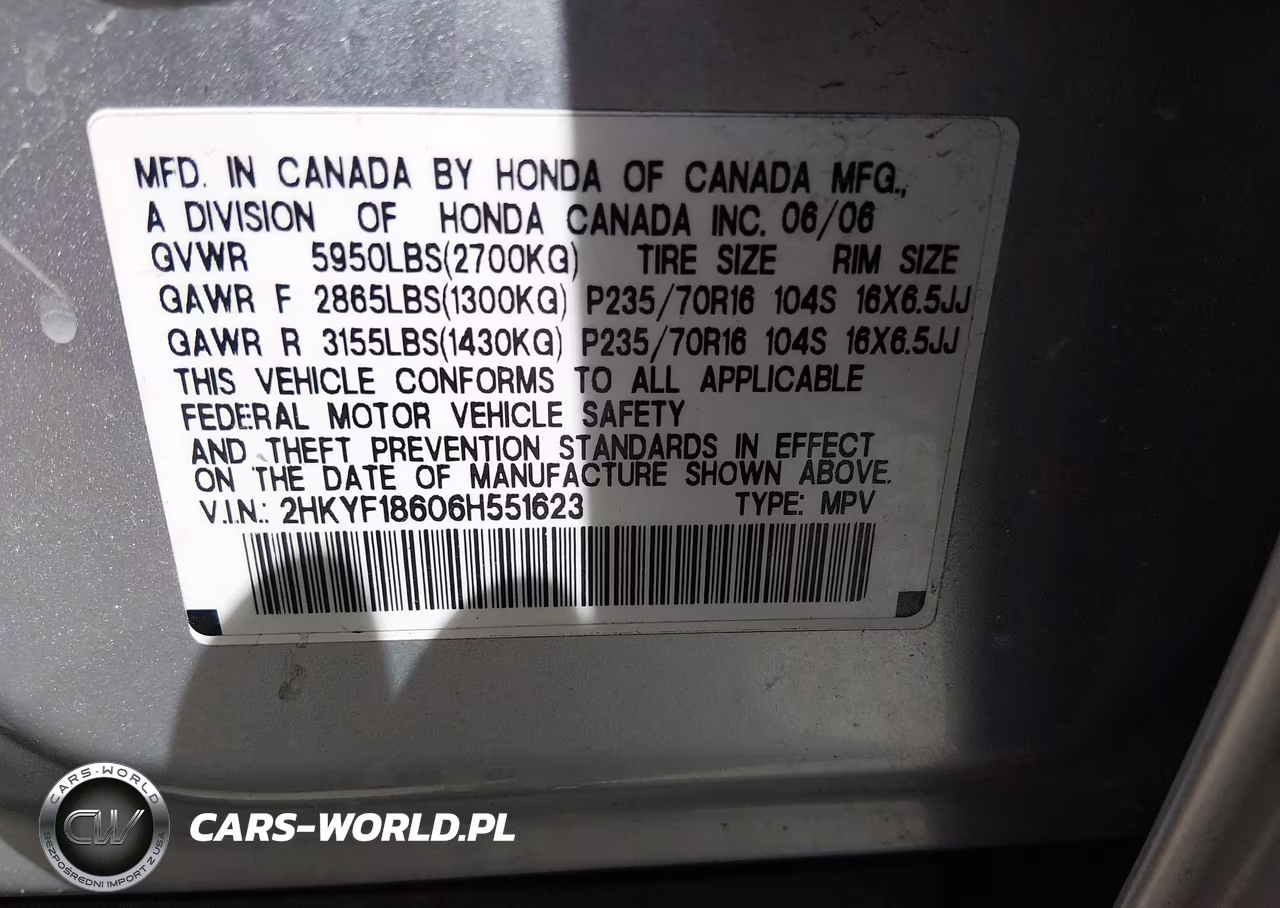 2006 Honda Pilot Ex-L VIN:2HKYF18606H551623 - 9