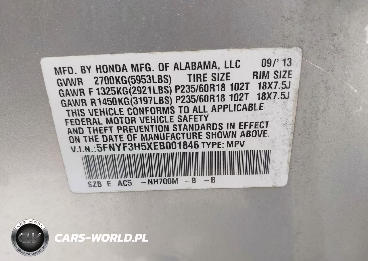 2014 Honda Pilot Ex-L VIN:5FNYF3H5XEB001846 - 9