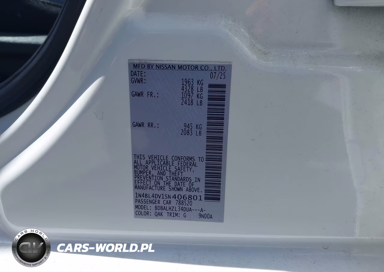 2025 Nissan Altima Sv Fwd VIN:1N4BL4DV1SN406801 - 9
