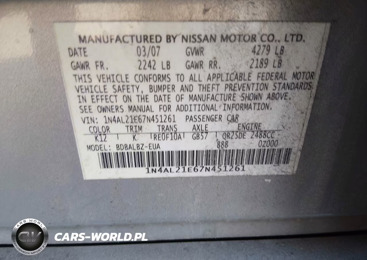 2007 Nissan Altima 2.5 S VIN:1N4AL21E67N451261 - 9