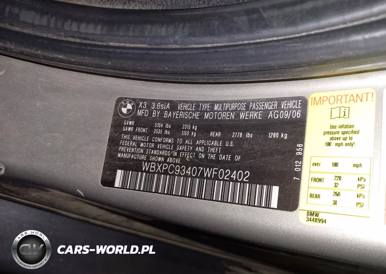 2007 BMW X3 3.0Si VIN:WBXPC93407WF02402 - 9