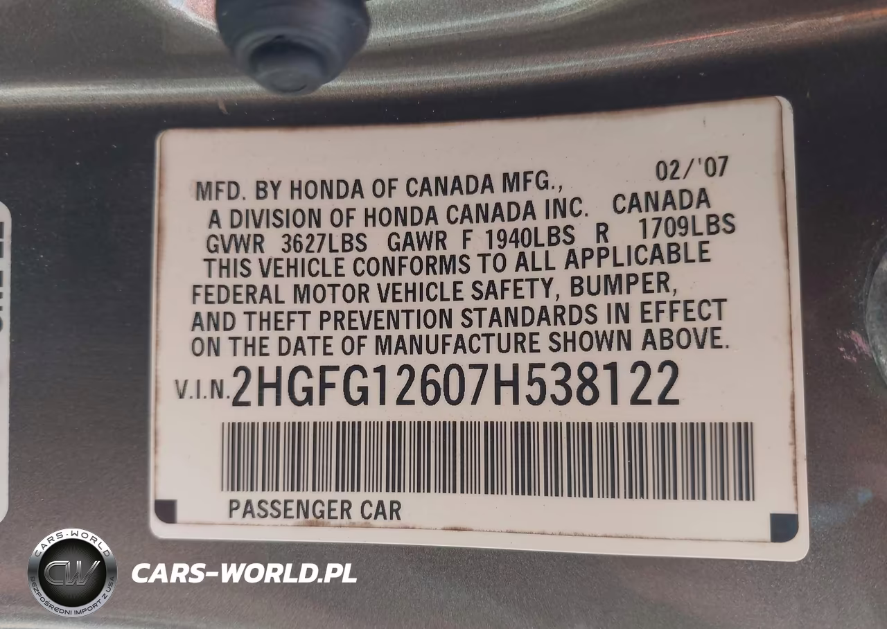 2007 Honda Civic Lx VIN:2HGFG12607H538122 - 9
