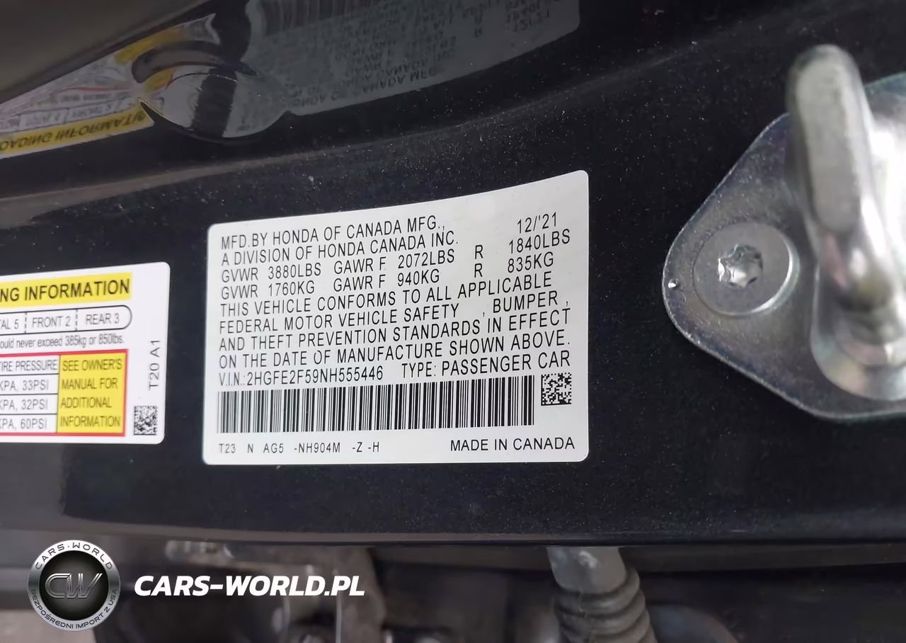 2022 Honda Civic Sport VIN:2HGFE2F59NH555446 - 9