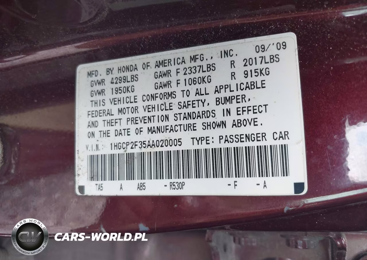 2010 Honda Accord 2.4 Lx VIN:1HGCP2F35AA020005 - 9