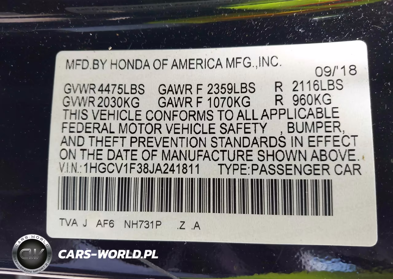 2018 Honda Accord Sport VIN:1HGCV1F38JA241811 - 9