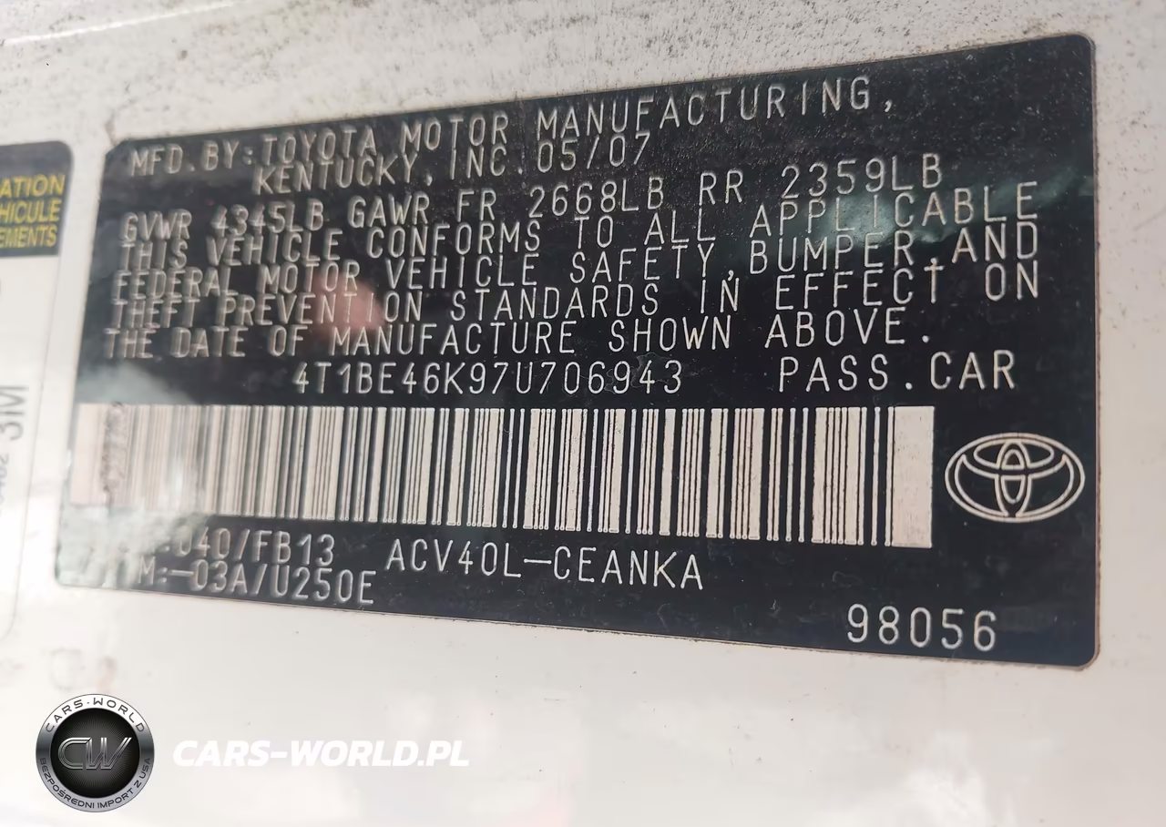 2007 Toyota Camry Le VIN:4T1BE46K97U706943 - 9