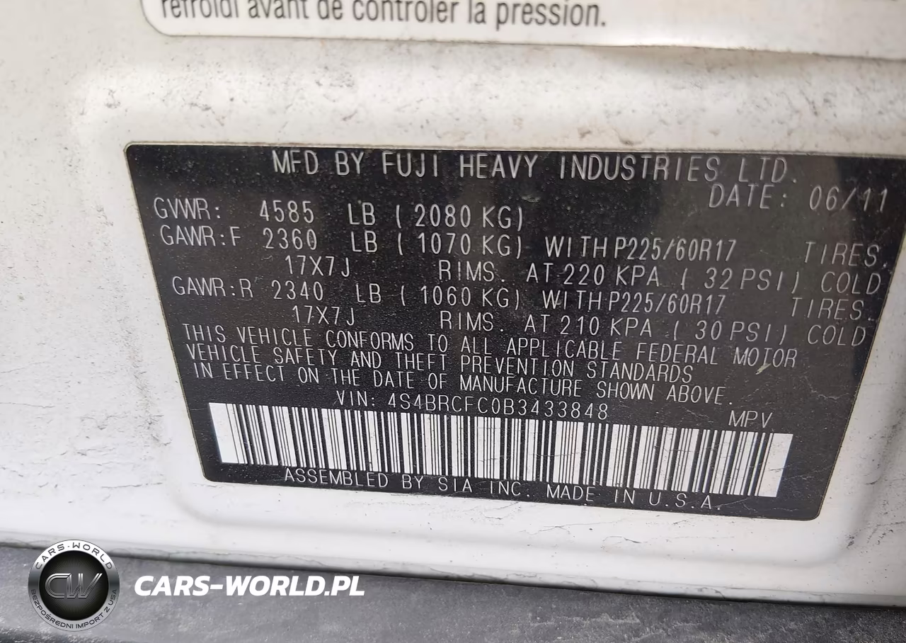 2011 Subaru Outback 2.5I Premium VIN:4S4BRCFC0B3433848 - 9